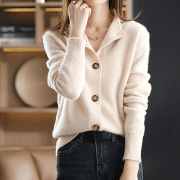 Élise | Chic Cardigan en Maille Fine Femme Col Chemise et Boutons Écaille