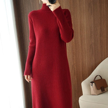 Marielle | Robe Longue Pull en Tricot Côtelé Col Montant Femme