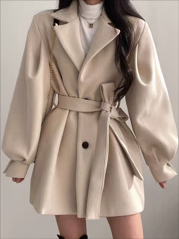 Genevieve | Manteau ceinturé à col cranté et manches bouffantes pour femmes