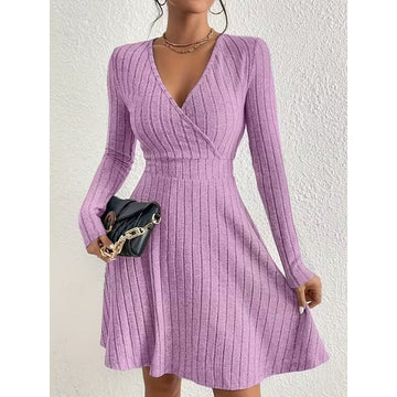 Yvonne | Chic Robe Courte Femme en Maille Côtelée à Col V Croisé