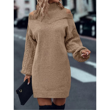 Élise | Femme Robe Pull Épaules Dénudées à Col Montant