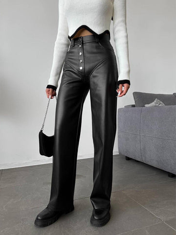 Seren | Pantalon large en simili cuir pour femme avec fermeture à boutons