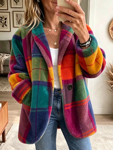 Charlotte | Chic Manteau Court à Carreaux Femme en Maille Douce à Poches