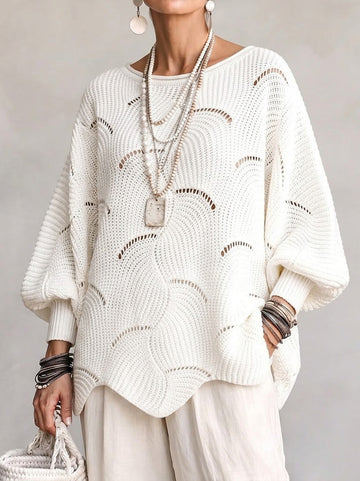 Célia | Chic Pull Maille Ajourée Femme à Motifs Vagues et Coupe Ample