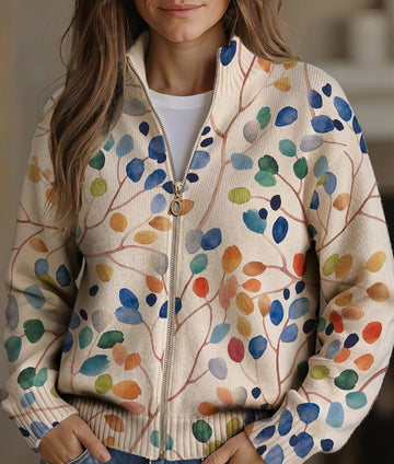 Élise | Chic Cardigan Zippé Femme Imprimé Botanique à Col Montant