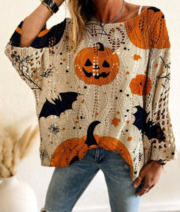 Luna | Pull Ajouré en Crochet Motif Halloween Femme