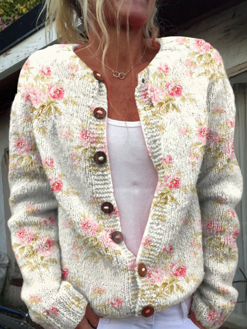 Rosalie | Femme Cardigan en Maille Florale à Boutons Bois