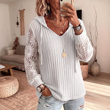 Iris | Chic Sweat à Capuche Femme Côtelé et Manches en Dentelle