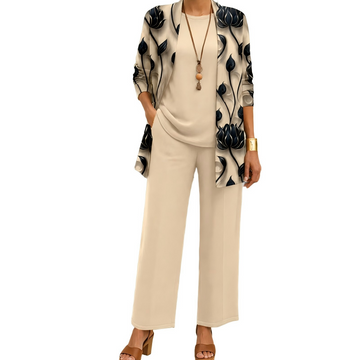 Clémence | Élégant Ensemble 3 Pièces Femme Cardigan Long Imprimé et Pantalon Droit