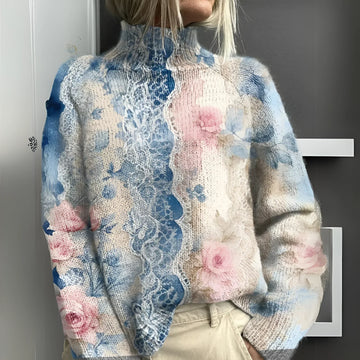 Éléonore | Chic Pull Col Montant Femme Imprimé Floral à Motif Dentelle
