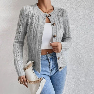 Margot | Femme Cardigan Court Maille Torsadée Col Rond Boutonné