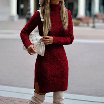 Clémence | Élégante Robe Pull Col Roulé Femme en Maille Torsadée