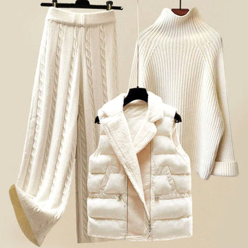 Celeste | Chic Ensemble 3 Pièces Femme Gilet Matelassé Pull Col Roulé et Pantalon Large
