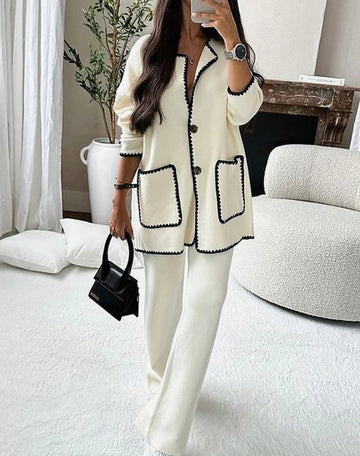 Geneviève | Chic Ensemble Maille Deux Pièces Femme Cardigan Long à Liseré Contrasté et Pantalon Large