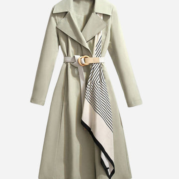 Thalia | Chic Manteau Trench Long Femme Ceinturé et Détail Foulard