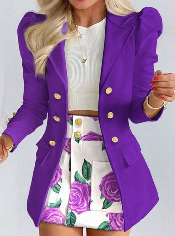 Camélia | Chic Ensemble Tailleur Femme Blazer Manches Bouffantes et Jupe Fleurie
