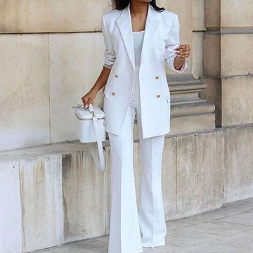 Margaux | Chic Ensemble Tailleur Femme Blazer Croisé et Pantalon Évasé