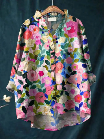 Juliette | Chic Chemise en Lin et Coton à Motifs Floraux Boutonnée à Volants et Manches Longues