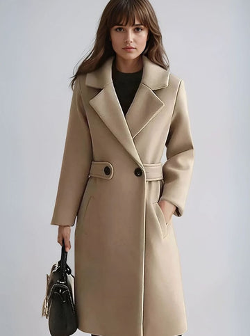 Hélène | Chic Manteau Long en Laine Femme Ceinturé à Col Tailleur