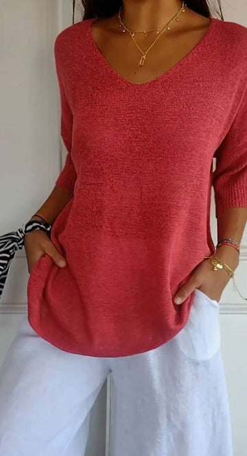 Charlotte | Chic Tunique en Maille Femme Col V et Manches 3/4