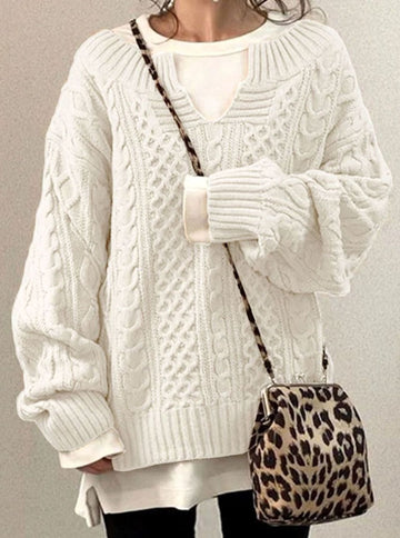 Louise | Chic Pull Oversize Femme en Maille Torsadée à Col V