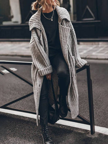 Élodie | Chic Gilet Long Oversize Femme en Maille Côtelée à Col Revers