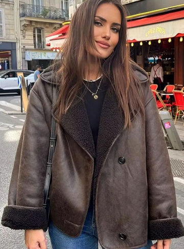 Éléonore | Femme Veste Bombardier Oversize Doublée Moumoute Double Boutonnage