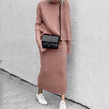 Juliette | Chic Ensemble Deux Pièces Femme Pull Col Roulé et Jupe Longue en Maille Côtelée
