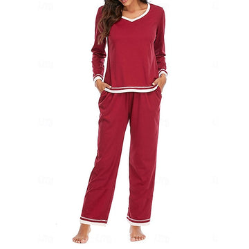 Inès | Chic Ensemble Pyjama Femme 2 Pièces à Col V et Liseré Contrasté